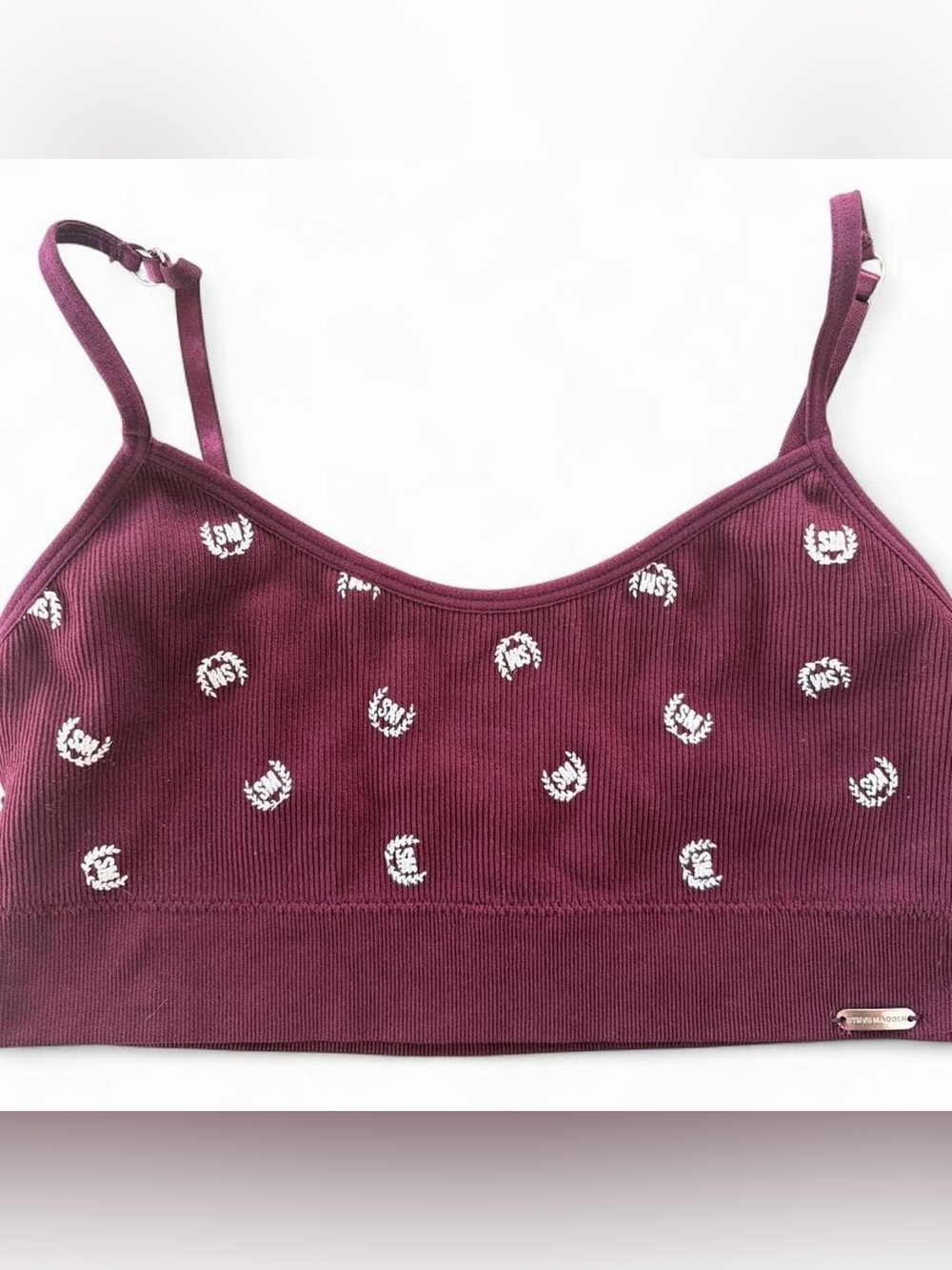 Steve Madden Burgundy Ribbed Seamless Logo Bralette Crop Top L